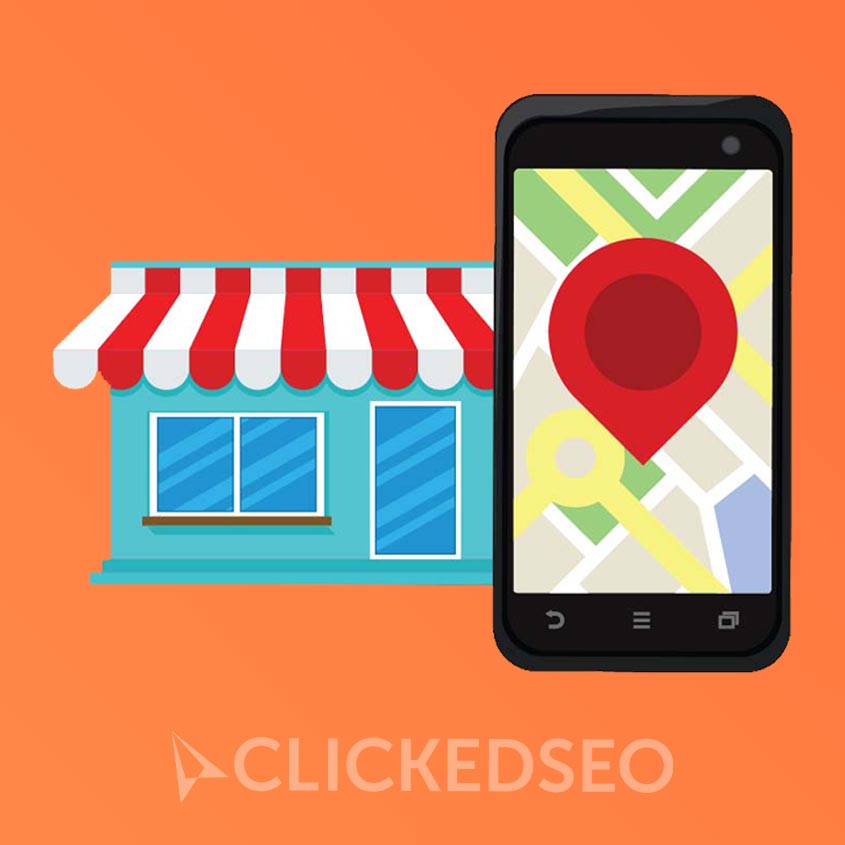 illustration of a local business and a phone with a location arrow on google my business