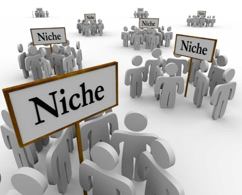 groups of animated faceless people with a sign that reads "niche" above each group, illustrating topical relevance, authority, and clusters.